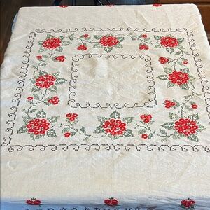 Vintage Red and Green Embroidered Tablecloth